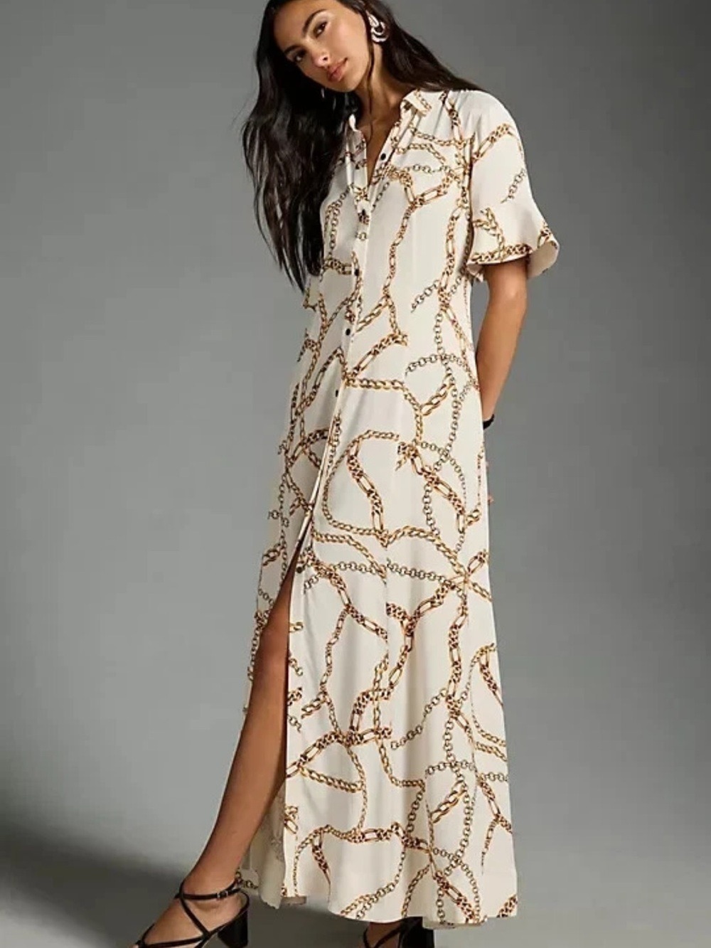 Maeve Anthropologie White Gold Chain Print Maxi Shirt Dress 2X Old Money Boho - Picture 17 of 17